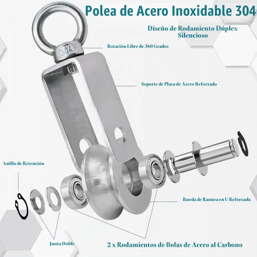 Vista 3 de Rueda de polea de cable giratoria de acero inoxidable, bloque de polea de rotación silenciosa, rueda de tracción para sistema de polea, elevación