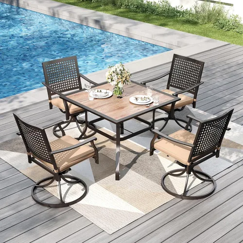 Vista 17 de PHI VILLA Juego de comedor al aire libre de 5 piezas para 4, sillas apilables con cojines y mesa cuadrada de madera de 37 pulgadas con agujero