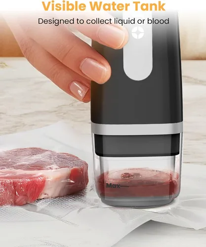 Vista 2 de Máquina selladora al vacío FEPPO para alimentos con tanque de agua visible, máquina selladora al vacío compacta portátil con 30 bolsas reutilizables