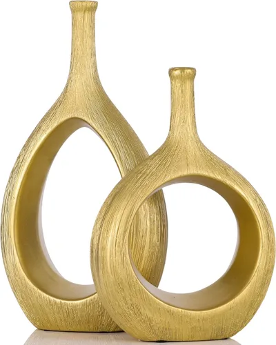 Vista 11 de Juego de 2 jarrones de cerámica de oro negro, moderno círculo hueco con agujero para decoración del hogar, centros de mesa, granja, chimenea, sala