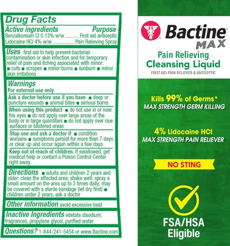 Vista 2 de Bactine MAX First Aid Spray - Spray limpiador para aliviar el dolor con 4% de lidocaína, lidocaína adormecedora que mata el 99% de los gérmenes