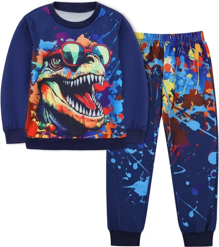 Vista 7 de Ochine Ropa para niños pequeños, sudadera de manga larga con estampado de dinosaurio T-Rex, sudadera y pantalones, 2 piezas, trajes de otoño e