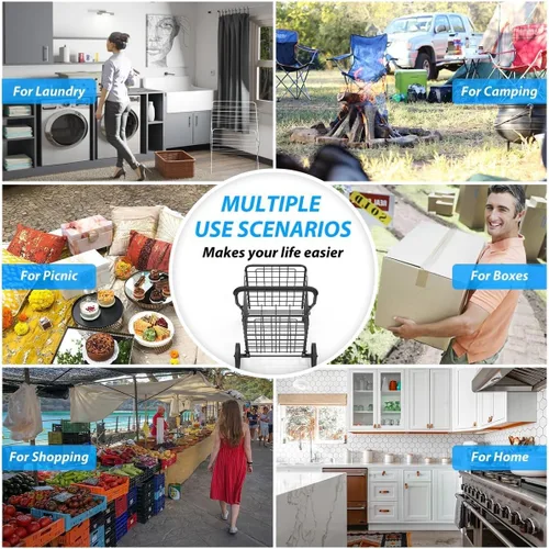 Vista 6 de Carrito de compras plegable con ruedas giratorias de 360°, carrito plegable de 66 libras de capacidad y mango de espuma extendido, para lavandería