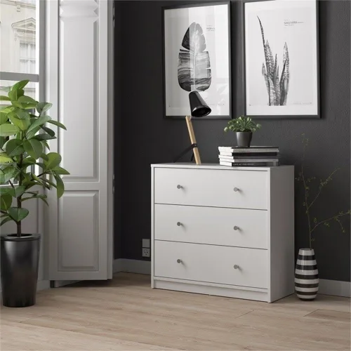 Vista 2 de Atlin Designs Cómoda de madera contemporánea con 3 cajones, acabado blanco, 26.75 pulgadas de alto x 28.5 pulgadas de ancho x 11.75 pulgadas