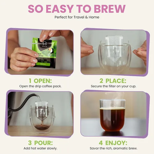 Vista 2 de Mondo Drip Coffee Mix (paquete de 10 variedades), bolsas de filtro para verter una sola porción, prellenadas 100% arábica, tostado medio