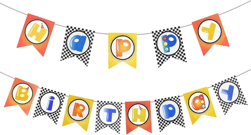 Vista 8 de Cartel de cumpleaños de coche de carreras, pancarta de feliz cumpleaños a cuadros, decoraciones de fiesta de autos de carreras, fiesta temática
