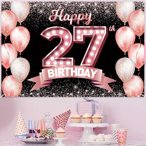 Vista 223 de Cartel de feliz cumpleaños décimo oro rosa, telón de fondo, saludos a 10 años, globos de confeti, decoración temática para niñas de 10 años