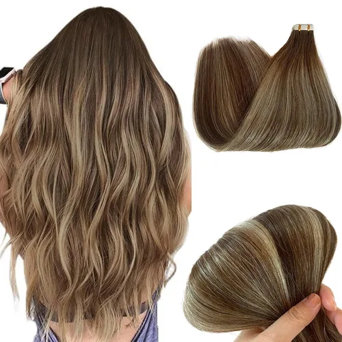 Vista 13 de Extensiones adhesivas rubias de cabello humano brasileño grado 9A, #60 rubio platino, cinta en 12 pulgadas, 20 unidades por juego, extensiones