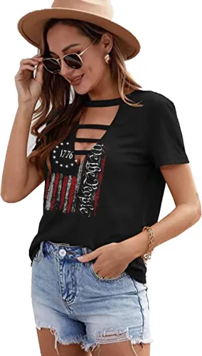 Vista 3 de American Flag Shirt Women 4th of July Patriotic T-Shirt Star Stripes USA Tees Short Sleeve Casual Graphic Tops