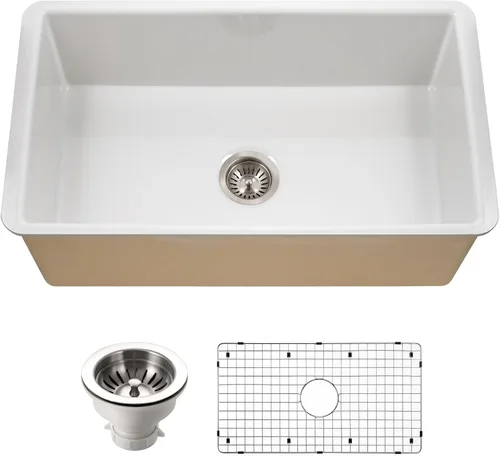 Vista 3 de Houzer Fregadero de cocina Platus White Fireclay: Fregadero de cocina de 32 pulgadas de un solo tazón, duradero y versátil, esencial para el hogar