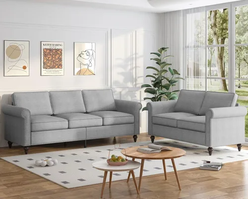 Vista 9 de Mjkone Juego de 2 Piezas para Sala de Estar, Sofás Seccionales, Juego de Sofá y Silla, Sofá Moderno de Lino con Marco de Madera y Patas