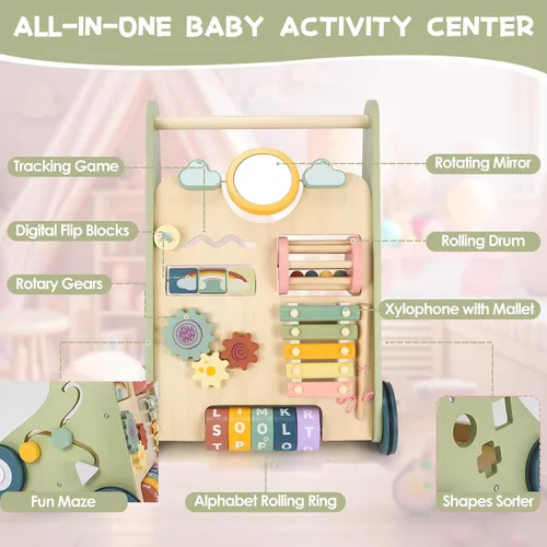Vista 4 de Andador de madera para bebés, Montessori Push Walker para bebés de 10 a 12 Andador de bebé con centro de actividad, velocidad ajustable, juegos Verde