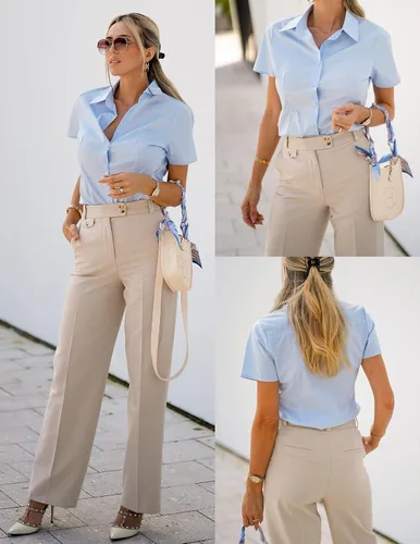 Vista 2 de HOTOUCH Camisa básica con botones para mujer, manga corta, elástica, con cuello y botones