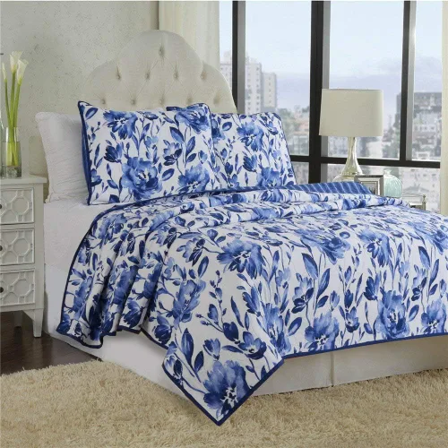 Vista 3 de Juego de colcha de algodón de porcelana azul y blanco tamaño Queen de 3 piezas, juego de ropa de cama floral estilo chino Diseño de porcelana azul