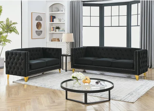 Vista 18 de Sofá de terciopelo de 3 plazas, cómodos sofás para sala de estar, sofá moderno con respaldo copetudo y decoración de remaches, sofá largo tapizado
