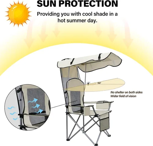 Vista 2 de PLKO Sillas de camping con toldo, silla de césped portátil cuádruple para adultos, silla reclinable plegable con portavasos para eventos al aire