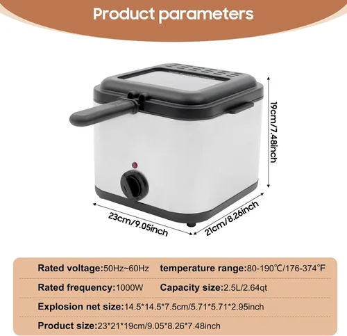 Vista 6 de Freidora eléctrica de acero inoxidable de 2.5 litros con canasta, Freidora Electrica Deaceite, tapa extraíble, temperatura ajustable con ventana