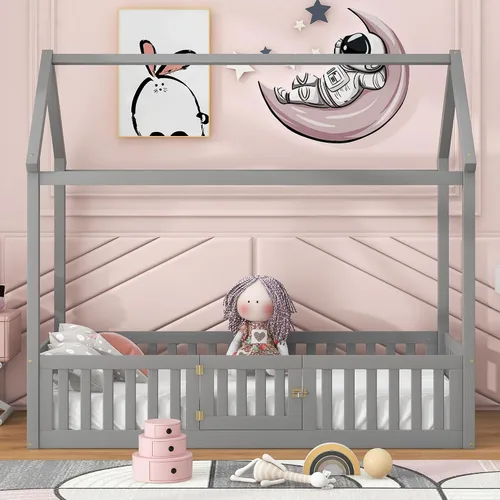 Vista 3 de Bellemave Cama Montessori de tamaño individual para niños, camas de piso de madera con barandillas de valla y puerta, cama individual para niños
