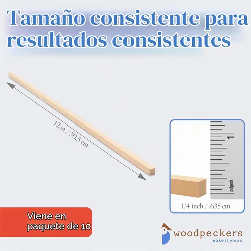 Vista 5 de Varilla cuadrada de madera para manualidades, 1/4 pulgadas x 12 unidades, 10 palos de madera para manualidades, adornos de madera y fabricación