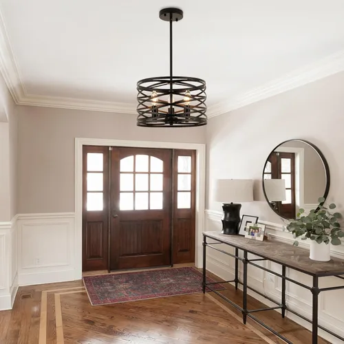 Vista 8 de Candelabros de granja para comedor, iluminación colgante de 3 luces para isla de cocina, tambor negro, lámpara rústica para colgar en el techo