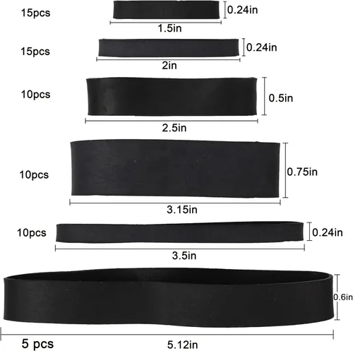Vista 2 de 65 bandas de goma de varios tamaños, color negro, 6 tamaños 1.5 pulgadas, 2 pulgadas, tamaño 82 tamaño #94 tamaño 64 tamaño 105 bandas elásticas