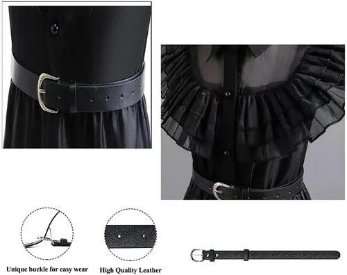 Vista 5 de Meiniyea Disfraz de miércoles Addams para niñas, disfraz casual para niños, disfraz de Halloween, cosplay, vestido de fiesta, color negro
