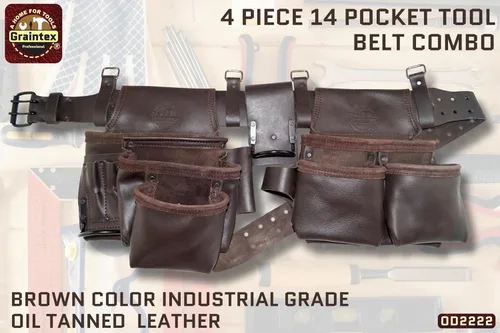 Vista 2 de Graintex Cinturón de herramientas de carpinteros de 13 bolsillos, combo de 4 piezas de bolsa de herramientas de cuero de grado industrial, cinturón
