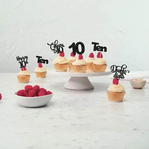 Vista 5 de Paquete de 30 adornos para cupcakes con purpurina de doble dígito para cumpleaños de 10 años, para cumpleaños, aniversario, fiesta, suministros
