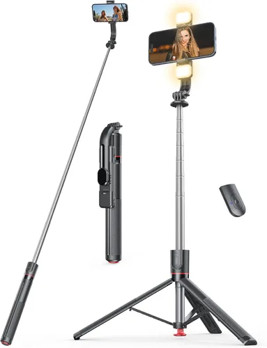 Vista 9 de Palo selfie con trípode y luz, palo selfie de 45'' con control remoto inalámbrico, trípode portátil para teléfono compatible con iPhone 16/15 Pro