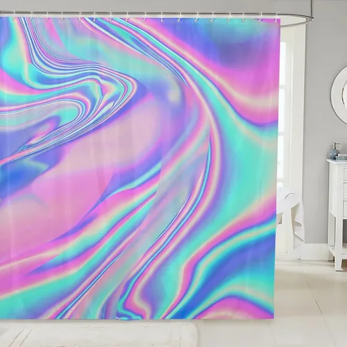 Vista 6 de Cortina de ducha de baño de mármol, cortina de ducha de tela gris y blanca con ganchos, arte único estampado de teñido anudado 3D, accesorios