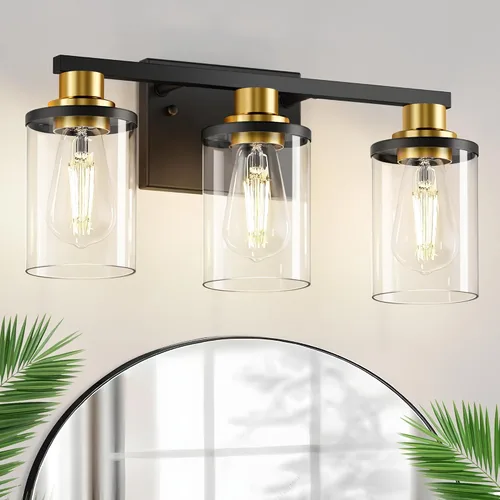 Vista 11 de L LOHAS LED Lámparas de baño negras de 2 luces, accesorios de iluminación modernos sobre espejo con pantalla de vidrio transparente, luces