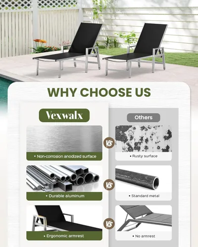 Vista 7 de Vexwalx Tumbona para patio al aire libre con ruedas y reposabrazos, sillas reclinables ajustables de aluminio de 5 posiciones, sillas de playa al