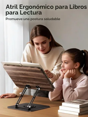 Vista 2 de Tounee Soporte para libros, soporte giratorio de 360°, soporte ajustable para libros de cocina para leer manos libres, soporte plegable para libros