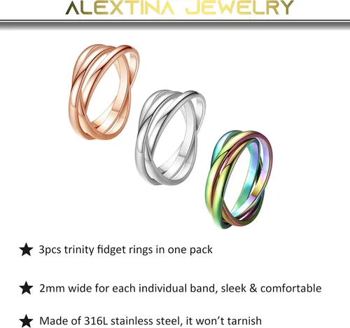 Vista 3 de Bandas entrelazadas triples para ansiedad para mujeres y niñas, 3 piezas de acero inoxidable, rompecabezas de arco iris, anillo de ansiedad, anillo