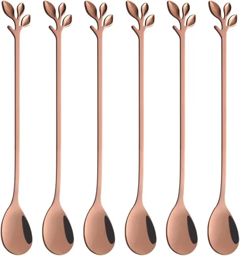 Vista 11 de AnSaw 6 cucharaditas elegantes de mango largo de hoja negra, cucharas de acero inoxidable de 7.4 pulgadas para café y té, perfectas para mezclar