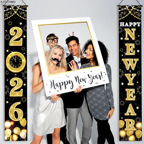 Vista 8 de KatchOn XtraLarge Pancarta de Feliz Año Nuevo 2026 – 72 x 12 pulgadas Pancarta de puerta de Feliz Año Nuevo negra y dorada para decoraciones