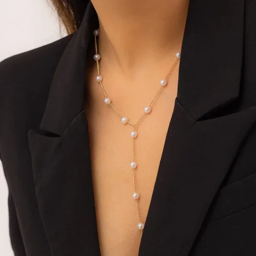 Vista 7 de Delicado collar de perlas para mujer, collar de oro y perlas, collar largo bohemio de perlas sintéticas para playa, joyería de perlas para mujer