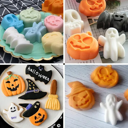 Vista 5 de Molde de silicona para chocolate con temática de Halloween, calabaza, murciélago, calavera, fantasma, molde para caramelos, 2 unidades de 12