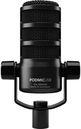 Vista 5 de Rode PodMic Micrófono dinámico USB y XLR para podcasting, paquete negro con filtro pop + soporte de micrófono de escritorio + cable XLR + paño