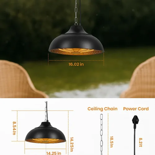 Vista 9 de Calentador eléctrico colgante de patio de 1500 W, calor instantáneo 3S, calentador de techo para exteriores con 3 modos, funcionamiento silencioso