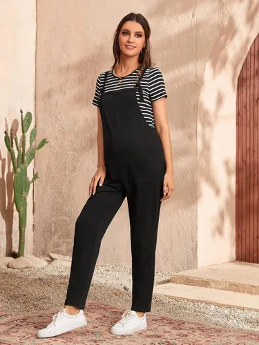 Vista 4 de OYOANGLE Conjunto de maternidad de 2 piezas para mujer, camiseta con cuello redondo y estampado a rayas