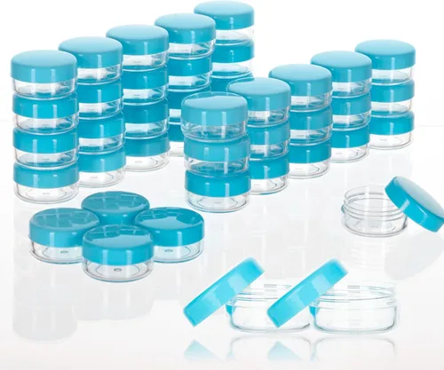 Vista 16 de Contenedores de cosméticos con tapas, tarros de loción de plástico, tarros para muestras, con tapa rosa, 0.2 oz, 25 unidades, Tarro de 3 gramos.