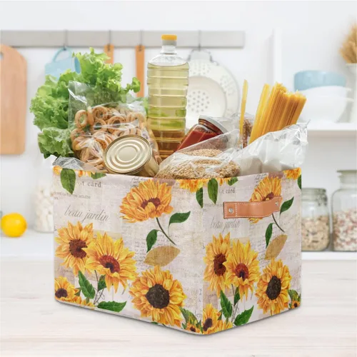 Vista 8 de Cesta de almacenamiento de flores y girasoles, organizador plegable grande para estantes, cubos de lona resistentes con asas para juguetes, armario