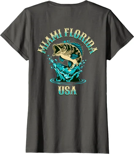 Vista 13 de Camiseta con diseño de pesca en la parte delantera y trasera de Miami Florida USA, Negro