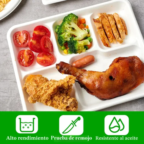 Vista 6 de ECOLipak Platos 100% compostables de 5 compartimentos, paquete de 125 platos de papel desechables, platos de caña de azúcar biodegradables de alta