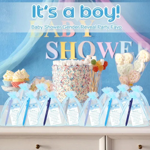 Vista 6 de Chuangdi Juego de 50 bolígrafos de baby shower, recuerdos para invitados, bolígrafos con texto en inglés "It's a Boy Girl", tarjetas de Azul