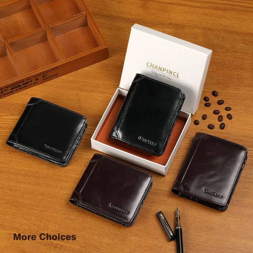 Vista 6 de CHANPINCL Billetera de piel triple con bloqueo RFID para hombre con 2 ventanas de identificación, 2 compartimentos para efectivo, 6-8 ranuras