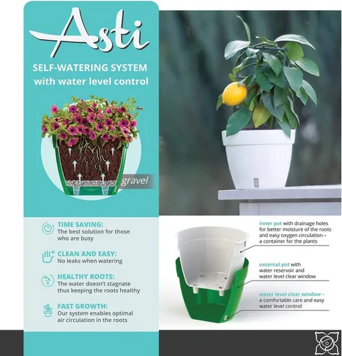 Vista 8 de Gardenera ASTI - Maceta de autoriego de 7.1 pulgadas en color negro-dorado/negro, maceta moderna con indicador de nivel de agua para todas