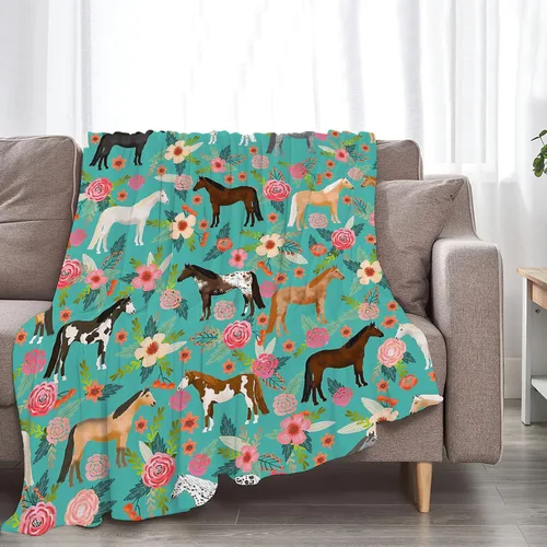 Vista 7 de Manta con estampado de caballos, con patrón de caballos y flores, para niñas, niños y adultos, súper cálida, suave y acogedora, manta de franela