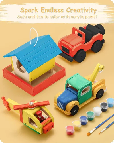Vista 3 de SainSmart Jr. Kits de construcción de carpintería para niños con pajarera, 4 en 1, juego de proyectos STEM para niños, manualidades de madera
